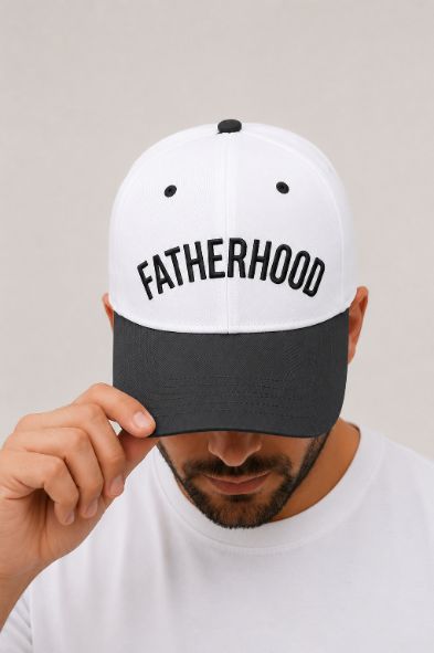 "Fatherhood" on White Cap with Black Bill