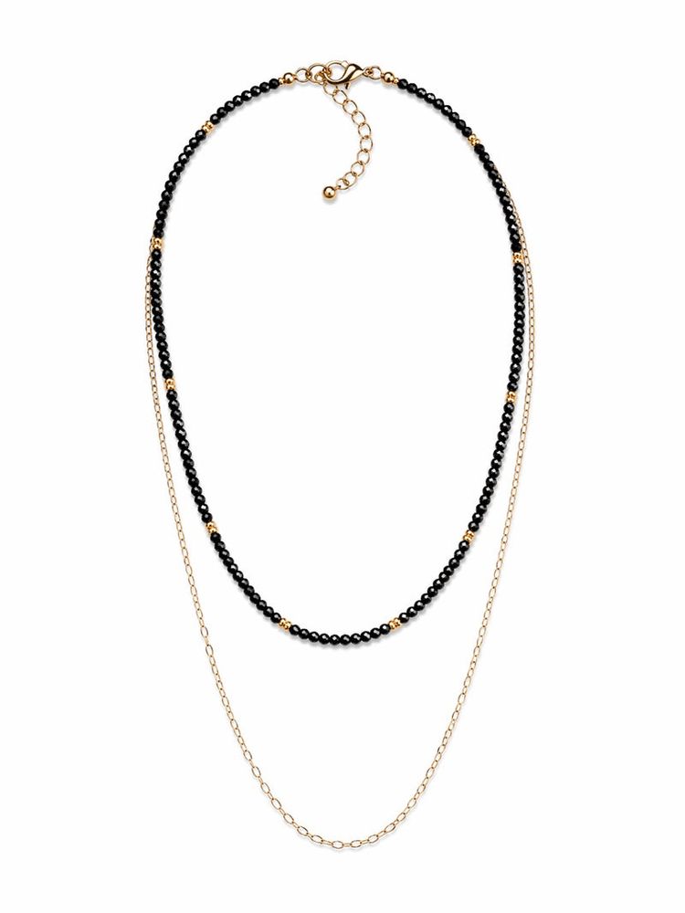 Glitz, Glam, Simple Strands Double Beaded Black Necklace with A Gold Chain