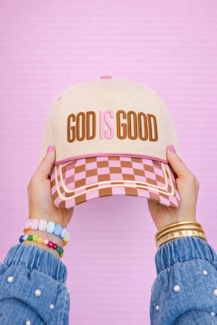"God is Good" on Tan Hat with Checkered Bill