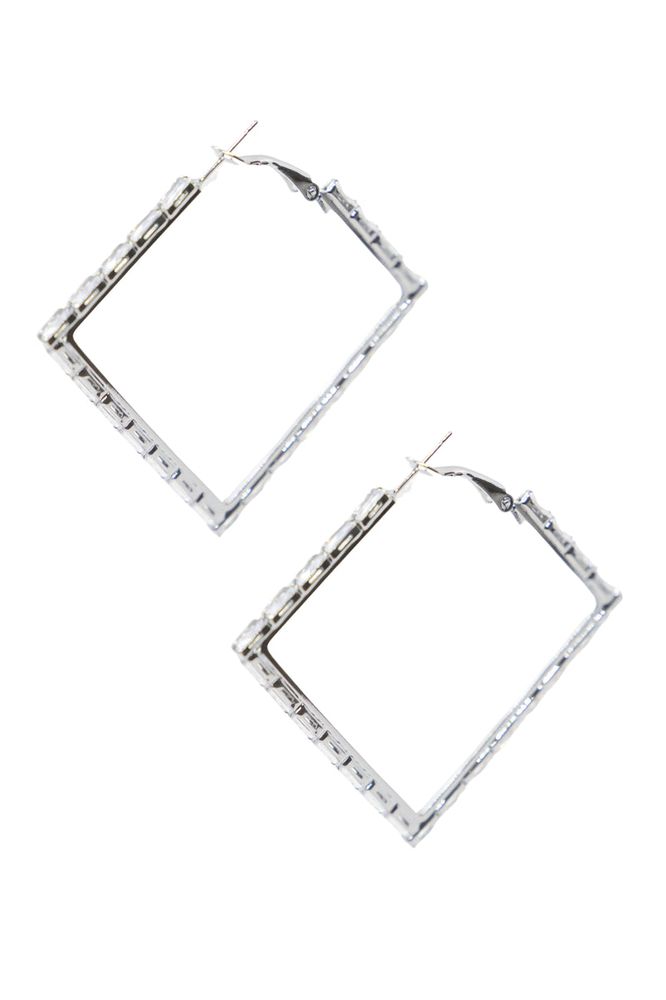 Medium Silver and Crystal Square Hoops Earrings