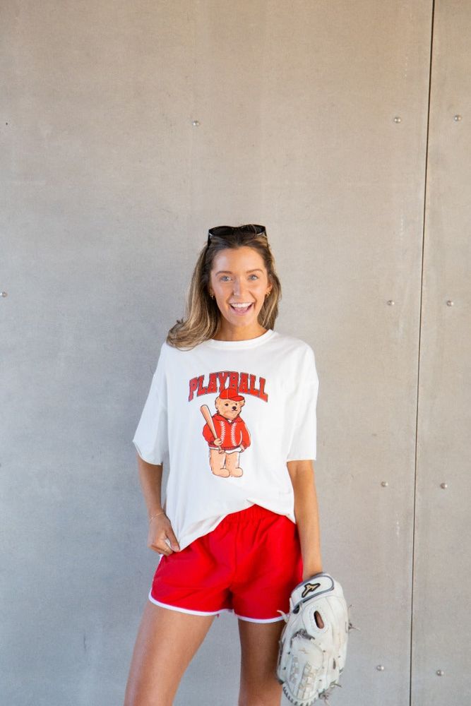 Playball on White Boxy Tee